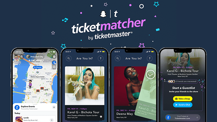 ticketmatcher snapchat mini mock up showing the four stages of the app