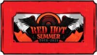 The image features a bold and vibrant design for the "Red Hot Summer Tour 2025." The background is primarily red, with black and orange accents. At the center, there is a circular emblem resembling a vinyl record, with two stylized black wings extending from both sides. Behind the wings, a crowd of silhouettes with raised hands suggests the atmosphere of a live concert. The text "Red Hot Summer" appears prominently in large, vintage-style letters, with "Tour 2025" positioned below. The border is framed with black, giving the entire image a ticket-like appearance.