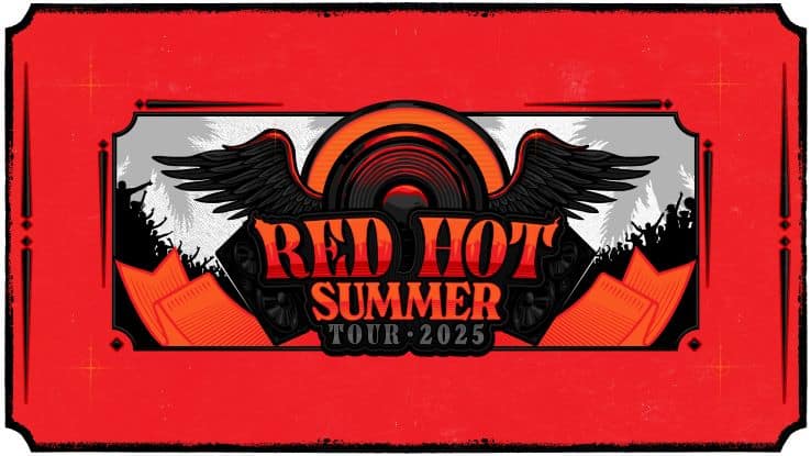 The image features a bold and vibrant design for the "Red Hot Summer Tour 2025." The background is primarily red, with black and orange accents. At the center, there is a circular emblem resembling a vinyl record, with two stylized black wings extending from both sides. Behind the wings, a crowd of silhouettes with raised hands suggests the atmosphere of a live concert. The text "Red Hot Summer" appears prominently in large, vintage-style letters, with "Tour 2025" positioned below. The border is framed with black, giving the entire image a ticket-like appearance.