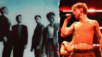 A split-image featuring a monochrome band photo on the left and a vibrant live performance scene on the right. On the left side, four men dressed in dark, formal attire stand against a gradient backdrop. On the right side, a singer passionately performs on stage, wearing a cropped top and black pants, lit by vivid red stage lights. The image creates a contrast between the moody, posed portrait and the energetic, live performance.