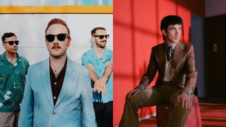 This image features a split frame of two different settings. On the left side, three men are standing together outdoors in front of a bright background. They are wearing sunglasses and casual, vibrant clothing, including a light blue suit jacket and tropical shirts. On the right side, a man sits alone in an indoor setting with a deep red wall. He is dressed in a formal brown suit and tie, giving a more serious and reflective expression. The lighting on the right side contrasts with the sunny, relaxed vibe on the left.